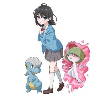 1girl bagon black_hair blue_cardigan blue_eyes brown_shoes cardigan clutching_chest collared_shirt commentary_request floating gen_3_pokemon grey_skirt highres holding holding_poke_ball lace_socks levitation light_(lightpicture33) looking_at_viewer magic nintendo original poke_ball pokemon pokemon_(creature) polo_shirt ralts shirt shoes skirt white_background white_shirt