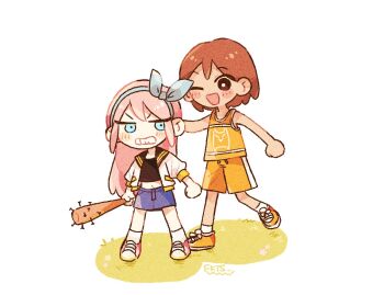 Rule 34 | 1boy, 1girl, aubrey (faraway) (omori), aubrey (omori), baseball bat, black eyes, blue eyes, blue hairband, blue skirt, blush, bright pupils, brown hair, chibi, chibi only, clenched teeth, commentary request, crop top, dark-skinned male, dark skin, denim, denim skirt, double-parted bangs, hair between eyes, hairband, holding, holding baseball bat, jacket, kel (faraway) (omori), kel (omori), long hair, looking at another, nail (hardware), nail bat, navel, o tori mhyk, omori, one eye closed, open mouth, orange shoes, orange shorts, pink hair, pink shoes, shoes, short-sleeved jacket, short hair, short sleeves, shorts, sidelocks, simple background, skirt, smile, sneakers, socks, teeth, white background, white jacket, white pupils, white socks
