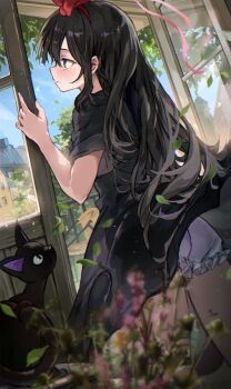 1girl alternate_hair_length alternate_hairstyle animal black_cat black_dress black_hair bloomers blush bow cat dress flower hairband highres jiji_(majo_no_takkyuubin) kiki_(majo_no_takkyuubin) leaf long_hair majo_no_takkyuubin red_bow red_hairband saya_(mychristian2) short_sleeves signature underwear white_bloomers