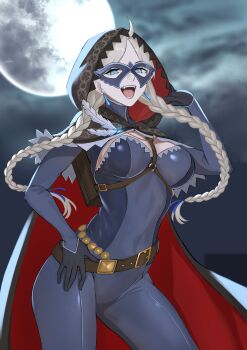 1girl absurdres ahoge blue_bodysuit blue_eyes blue_mask bodysuit braid breasts cape coin commission commissioner_upload crystal_earrings earrings eye_mask fire_emblem fire_emblem_fates fire_emblem_heroes full_moon gold_coin harness highres hood hooded_cape jewelry leather_belt long_hair low_twin_braids mask medium_breasts moon multicolored_bodysuit night nina_(fire_emblem) nina_(thief)_(fire_emblem) nintendo non-web_source o-ring o-ring_harness official_alternate_costume parted_bangs phantom_thief seilindekos twin_braids two-tone_bodysuit two-tone_cape white_hair