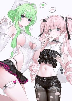 2girls @_@ ahoge bare_shoulders bead_bracelet beads beanie black_choker black_eyes black_pantyhose black_shirt black_shorts black_skirt bracelet breasts choker closed_mouth clothing_cutout covered_navel cowboy_shot crop_top crop_top_overhang cutoffs denim denim_shorts detached_sleeves drill_hair embarrassed frilled_choker frills fymrie green_hair hair_bun hand_up hat heart heart_cutout heart_necklace highleg highleg_leotard highres jewelry large_breasts leotard long_hair long_sleeves looking_at_viewer microskirt midriff multiple_girls navel necklace original panty_straps pantyhose pink_hair ribbed_leotard shirt short_shorts shorts sideboob simple_background skindentation skirt sleeveless sleeveless_shirt spaghetti_strap spoken_blush spoken_heart standing stomach sweatdrop thigh_strap thighband_pantyhose thighs torn_clothes torn_pantyhose torn_shorts twin_drills twintails two-tone_shirt underboob underboob_cutout very_long_hair white_background white_hat white_leotard