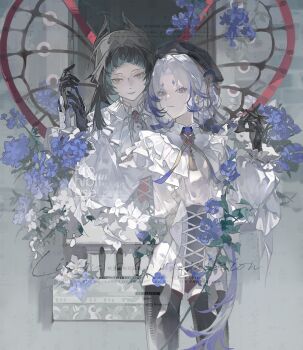 2girls absurdres animal_ears beret black_gloves black_hair black_hat closed_mouth commission cowboy_shot eyelashes flower frills gloves grey_eyes hat highres lin_yu_41922 long_sleeves looking_at_viewer mole mole_under_eye multiple_girls original parted_bangs purple_flower red_pupils shirt short_eyebrows standing tassel too_many_watermarks watermark white_hair white_shirt