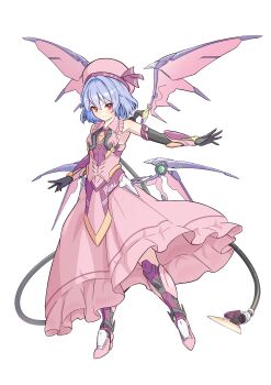 1girl absurdres alternate_costume alternate_headwear alternate_wings armor beret black_gloves blush boots breasts closed_mouth collared_shirt commentary_request elbow_gloves frilled_shirt_collar frills full_body gloves hat hat_ribbon highres looking_at_viewer mechanical_tail mechanical_wings medium_hair moaikeidai2 multiple_wings pink_hair pink_hat pink_skirt purple_hair red_eyes remilia_scarlet ribbon science_fiction shirt simple_background skirt small_breasts smile solo tachi-e tail tail_blade touhou transparent_background variant_set_available wings