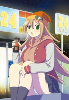 1girl beanie blush breasts breath coffee convenience_store green_eyes hat highres karasu_(senran_kagura) large_breasts long_hair night panties senran_kagura senran_kagura_new_wave shop skirt skull sweater underwear white_panties