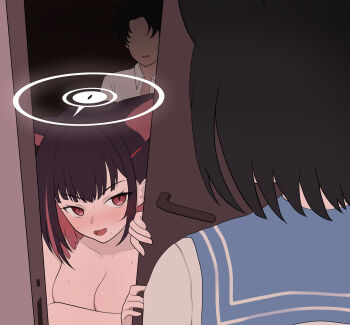 1boy 2girls :d animal_ears black_hair blue_archive blue_sailor_collar blunt_ends blush bob_cut breasts cat_ears cat_girl caught cleavage collarbone collared_shirt colored_inner_animal_ears colored_inner_hair commentary covering_breasts covering_privates extra_ears faceless faceless_male from_behind hair_between_eyes hair_ornament hairclip halo hands_up hetero highres implied_sex kazusa_(blue_archive) kikyou_(blue_archive) kn53 large_breasts looking_at_another multicolored_hair multiple_girls nervous_smile nude open_door open_mouth opening_door pink_hair red_eyes sailor_collar school_uniform sensei_(blue_archive) serafuku shirt short_hair smile sweat symbol-only_commentary tsurime upper_body upturned_eyes v-shaped_eyebrows white_halo white_shirt