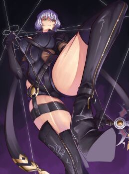 1girl absurdres black_background black_boots black_gloves black_leotard bob_cut boots breasts closed_mouth commentary commission eiyuu_densetsu elbow_gloves english_commentary feet foot_focus foot_out_of_frame frown gloves green_eyes hair_between_eyes high_heel_boots high_heels highleg highleg_leotard highres holding holding_string holding_weapon large_breasts leotard looking_at_viewer looking_down moren_eh purple_hair sen_no_kiseki sen_no_kiseki_(series) sen_no_kiseki_iv sharon_kreuger short_hair simple_background skin_tight solo string thick_thighs thigh_boots thigh_strap thighs weapon