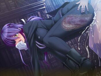 1boy 1girl ahegao all_fours bent_over breasts censored cum cum_in_pussy cum_overflow doggystyle eyepatch fucked_silly game_cg gloves grabbing_another&#039;s_ass happy_sex hetero kagami_hirotaka large_breasts lilith-soft moaning onmyou_kishi_towako onmyou_kishi_towako_hebi_kami_no_inma_choukyou penis sex sex_from_behind shiki_reika shota smile squatting tailcoat vaginal x-ray