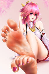Rule 34 | 1girl, absurdres, barefoot, feet, genshin impact, highres, light blush, long hair, looking at viewer, open mouth, pink hair, purple eyes, soles, toes, yae miko