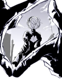1boy 1girl 2b_(nier:automata) 9s_(nier:automata) back_cutout black_dress black_gloves black_hairband border clothing_cutout dress feather_trim finger_frame gloves greyscale hairband highres juliet_sleeves long_sleeves looking_at_another miramintkurun monochrome nier:automata nier_(series) puffy_sleeves short_dress short_hair turtleneck turtleneck_dress white_border