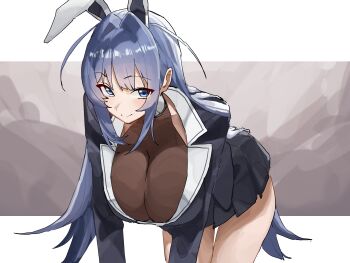 1girl absurdres alternate_costume animal_ears azur_lane bent_over black_bodystocking blue_eyes blue_hair breasts cleavage commentary_request fake_animal_ears highres huge_breasts long_hair looking_at_viewer new_jersey_(azur_lane) porcelainsphere rabbit_ears skirt solo sweat