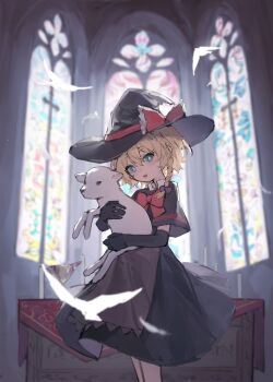 1girl absurdres animal apron artist_request baby_animal black_capelet black_gloves black_hat black_skirt black_vest blonde_hair blue_eyes bow bowtie braid bright_pupils brown_apron capelet church commission cookie_(touhou) elbow_gloves full_body gloves hair_between_eyes hair_bow hat hat_bow highres holding holding_animal indoors kirisame_marisa lamb looking_at_viewer meguru_(cookie) open_mouth red_bow red_bowtie second-party_source sheep short_hair side_braid single_braid skirt skirt_set smile solo stained_glass touhou vest waist_apron white_pupils witch_hat