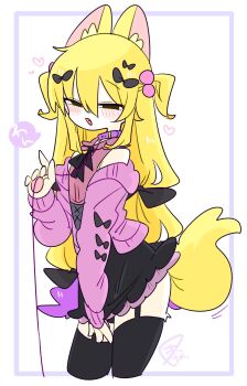 1boy animal_ear_fluff animal_ears bare_shoulders beads black_bow black_corset black_eyes black_panties black_ribbon black_skirt black_thighhighs blonde_hair blush bow bulge cardigan collar collared_shirt colored_tips commentary corset cowboy_shot crossdressing crossdressing_(mtf) dog_boy dog_ears dog_tail fang frilled_shirt_collar frills from_side furrification furry furry_male garter_straps hair_beads hair_between_eyes hair_bow hair_ornament hand_up heart highres holding holding_leash kapela_(op_na_yarou) leash long_hair long_sleeves male_focus miniskirt multicolored_hair multiple_hair_bows narrowed_eyes neck_ribbon no_nose off_shoulder op_na_yarou open_cardigan open_clothes open_mouth original panties panty_peek pink_cardigan pink_collar pink_shirt purple_hair raised_eyebrows ribbon shirt sidelocks simple_background skirt sleeveless sleeveless_shirt sleeves_past_fingers sleeves_past_wrists solo speech_bubble standing tail thighhighs thighs trap two-tone_hair two_side_up underwear very_long_hair watermark white_background yellow_tail