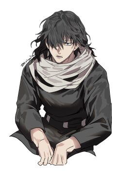 1boy absurdres aizawa_shota bags_under_eyes black_eyes black_hair boku_no_hero_academia cropped_torso hair_over_one_eye highres long_sleeves male_focus misa_(jjin_miryeon) scarf simple_background sitting solo sparse_stubble twitter_username white_background