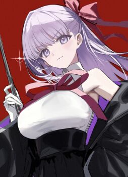 1girl bare_shoulders bb_(fate) bb_(fate/extra) black_coat black_skirt bow breasts closed_mouth coat dress fate/extra fate/extra_ccc fate/grand_order fate_(series) gloves hair_bow hair_ribbon high-waist_skirt highres holding holding_pointer large_breasts leotard long_hair looking_at_viewer okchun open_clothes open_coat pointer popped_collar purple_eyes purple_hair red_background red_bow red_ribbon ribbon simple_background skirt sleeveless solo upper_body very_long_hair white_gloves white_leotard