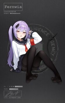 +_+ 1girl :o absurdres adversarial_noise arm_support armband bar_censor black_pantyhose black_ribbon black_sailor_collar black_skirt black_tail blue_hair breasts brown_eyes brown_hair censored central_intelligence_agency character_name collarbone commentary dated demon_girl demon_tail emblem english_commentary english_text feet full_body glitch hair_tie hand_up highres jerry_wang long_hair long_sleeves necktie open_mouth original pantyhose pleated_skirt red_armband red_necktie ribbon sailor_collar school_uniform serafuku shirt shoes sidelocks signature sitting skirt small_breasts smile soles solo symbol-shaped_pupils tail toes twintails white_shirt