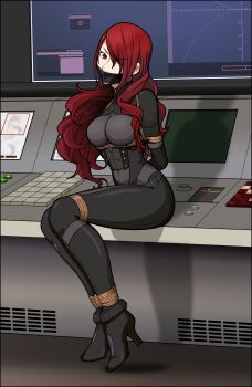 1girl absurdres arms_behind_back bdsm bodysuit bondage bound breasts computer gag hair_over_one_eye high_heels highres just_some_guy kirijou_mitsuru large_breasts long_hair monitor persona persona_3 persona_4:_the_ultimate_in_mayonaka_arena red_eyes red_hair restrained sitting skin_tight uniform