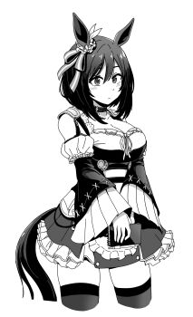 1girl absurdres animal_ears breasts cleavage commentary dress eishin_flash_(meisterschaft)_(umamusume) eishin_flash_(umamusume) frilled_dress frills galois greyscale highres horse_ears horse_girl horse_tail monochrome simple_background solo standing tail thighhighs umamusume