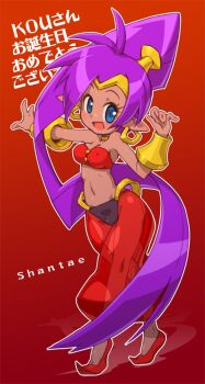 1girl :d bandeau blue_eyes bracelet commentary_request dark-skinned_female dark_skin earrings full_body genie gold_bracelet gold_earrings harem_outfit harem_pants jewelry long_hair looking_at_viewer midriff navel open_mouth pants pointy_ears ponytail purple_hair red_background red_pants red_shoes see-through_clothes see-through_pants shantae shantae_(series) shoes smile solo standing susagane