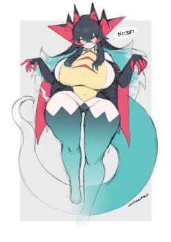 1girl akao_ni_tore arms_up black_hair blush bodysuit breasts cape colored_sclera curvy dragapult dragon_girl eyeshadow gen_8_pokemon green_eyes green_sclera hair_between_eyes highres horns huge_breasts large_tail long_hair makeup multicolored_hair nintendo paw_pose personification pokemon sideboob solo tail thick_thighs thighs wide_hips