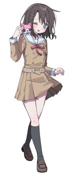 Rule 34 | 1girl, bang dream!, bang dream! girls band party!, black hair, blush, brown dress, cellphone, commentary request, dress, full body, hair ornament, hairclip, hanasakigawa school uniform, highres, holding, kneehighs, korean commentary, loafers, long sleeves, metametmonmong, michelle (bang dream!), neck ribbon, okusawa misaki, one eye closed, parallel hairclips, phone, pleated dress, red ribbon, ribbon, sailor dress, school uniform, shoes, socks, solo