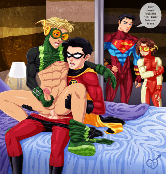 4boys abs anal ass bed bedroom dc_comics highres jaytee kid_flash male_focus male_penetrated mask masturbation multiple_boys muscular nude robin_(dc) sex superboy text_focus walk-in yaoi