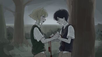 Rule 34 | 2boys, antenna hair, basil (faraway) (omori), basil (omori), black eyes, black hair, black sweater vest, blonde hair, blue eyes, blush, bright pupils, brown shorts, collared shirt, commentary request, from side, green sweater vest, hair between eyes, highres, holding, holding jump rope, jump rope, male focus, multiple boys, o51515o, omori, open mouth, outdoors, parted lips, shirt, short sleeves, shorts, sidelocks, spoilers, sunny (omori), sweat, sweatdrop, sweater vest, tree, white pupils, white shirt