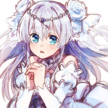 1girl blue_eyes blush bridal_veil bride celia_claire commentary_request detached_collar detached_sleeves dress flower grey_hair hair_flower hair_ornament highres jewelry long_hair looking_at_viewer off-shoulder_dress off_shoulder official_alternate_costume official_art open_mouth praying seirei_gensouki solo two_side_up veil wedding_dress white_flower yufu_kyouko