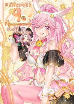 2girls animal_ears bare_shoulders blush braid breasts brooch chibi cleavage clothing_cutout covered_navel fairy fairy_wings fire_emblem fire_emblem_awakening fire_emblem_heroes flower flower_brooch grey_hair highres jewelry kippu large_breasts leotard long_hair multicolored_hair multiple_girls navel navel_cutout nintendo nontraditional_playboy_bunny official_alternate_costume official_alternate_hairstyle official_art olivia_(fire_emblem) olivia_(spring)_(fire_emblem) one_eye_closed open_mouth pantyhose pink_hair pink_pantyhose playboy_bunny plumeria_(fire_emblem) plumeria_(spring)_(fire_emblem) ponytail rabbit_ears rabbit_tail red_eyes smile strapless strapless_leotard tail tongue tongue_out very_long_hair white_wrist_cuffs wings wrist_cuffs