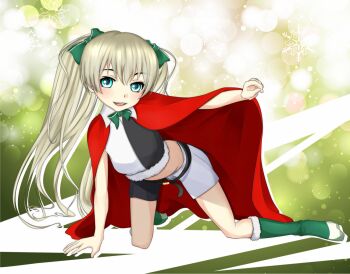 1girl all_fours alternate_eyebrows belt black_belt black_shirt black_shorts blonde_hair blue_eyes bow breasts cape christmas commentary_request full_body fur-trimmed_shirt fur_trim green_background green_bow green_socks hair_between_eyes hair_bow ladylee_tangleroad light_blush long_hair looking_at_viewer medium_breasts midriff mismatched_eyebrows open_mouth petite red_cape shin_(highest1192) shirt short_shorts shorts sleeveless smile snowflakes socks solo sozaiyamimi stomach teeth toaru_majutsu_no_index toaru_majutsu_no_index:_endymion_no_kiseki twintails two-tone_shirt two-tone_shorts upper_teeth_only very_long_hair white_shirt white_shorts