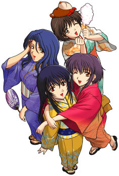 3girls adjusting_hair amano_satoko animal_print bear_mask black_hair black_outline black_sandals blue_kimono blue_sash blue_sleeves blush bow bowtie breasts brown_hair brown_mask cat_print choppy_bangs clenched_hands cotton_candy eyelashes floral_print floral_print_kimono floral_print_sleeves food from_above full_body full_on_games hair_intakes hand_fan highres holding holding_cotton_candy holding_fan holding_food holding_stick hug_from_side itsuki_shiori japanese_clothes kimono kishiue_daisaku kuon_no_kizuna long_hair long_sidelocks long_sleeves mask mask_on_head mature_female medium_breasts mole mole_under_mouth multicolored_kimono multicolored_sash multicolored_sleeves multiple_girls non-web_source obi official_art one_eye_closed open_mouth orange_eyes outline paper_fan parted_bangs print_kimono print_sash print_sleeves red_bow red_bowtie red_eyes red_kimono red_sleeves sandals sash short_hair sidelocks stick straight_hair striped_clothes striped_kimono striped_sleeves summer_festival takahara_mayou teeth toes tokiwa_saya tongue tsurime uchiwa upper_teeth_only vertical-striped_sash wavy_hair wavy_sidelocks white_background wide_sleeves xuse yellow_eyes yellow_kimono yellow_sash yellow_sleeves zebra_print zouri