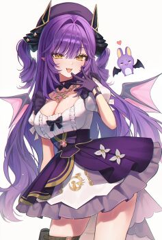 1girl absurdres belt belt_pouch black_bow black_horns blush bow breasts brown_belt center_frills cleavage collarbone commentary dragon_girl dragon_horns dragon_wings familiar fangs frilled_shirt frills gem gloves gold_necklace gold_trim gumagom2 hair_between_eyes hair_intakes hand_up hat heart high-waist_skirt highres horns jewelry large_breasts layered_skirt light_particles long_hair looking_at_viewer necklace open_mouth pink_gemstone pointy_ears pouch puffy_short_sleeves puffy_sleeves purple_gloves purple_hair purple_hat purple_skirt sakihane_huya shirt shirt_bow short_sleeves sidelocks simple_background skirt slit_pupils smile solo standing stellive symbol-only_commentary teeth thigh_belt thigh_strap thighs two_side_up upper_teeth_only very_long_hair virtual_youtuber white_background white_shirt wings yellow_eyes