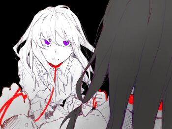 2girls ahoge black_background black_hair bow bowtie breasts collar collared_shirt commentary dated_commentary dress frilled_shirt_collar frilled_sleeves frills hair_bow highres holding holding_leash leash long_hair long_sleeves looking_at_another maribel_hearn missing_headwear multiple_girls open_mouth oriharareimu partially_colored puffy_short_sleeves puffy_sleeves purple_eyes red_collar shirt short_sleeves touhou usami_renko white_bow white_shirt yuri