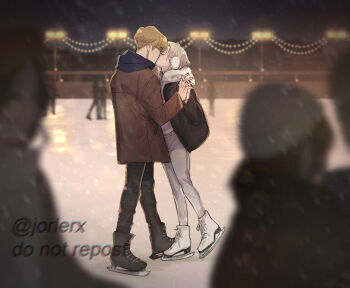 annie_leonhart armin_arlert black_boots black_pants black_scarf blonde_hair blurry blurry_background blurry_foreground boots brown_coat coat couple earmuffs full_body grey_pants hetero highres holding_hands ice_skates ice_skating interlocked_fingers jorlerx kiss pants scarf shingeki_no_kyojin short_hair skates skating skating_rink snow twitter_username white_boots white_scarf winter
