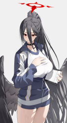 Rule 34 | 1girl, absurdres, black choker, black hair, black wings, blue archive, blue shirt, blue shorts, breasts, choker, clipboard, closed mouth, commentary request, cowboy shot, facing viewer, feathered wings, feishi, grey background, gym uniform, hair between eyes, halo, hand on own chest, hasumi (blue archive), hasumi (track) (blue archive), highres, holding, holding clipboard, huge breasts, large wings, long bangs, long hair, long sleeves, looking ahead, mole, mole under eye, official alternate costume, partially unzipped, ponytail, red eyes, red halo, shirt, shorts, simple background, skirt, solo, standing, very long hair, white skirt, wings