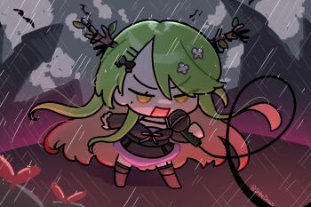 1girl animal antlers bat_(animal) black_dress boots branch brown_boots castle ceres_fauna ceres_fauna_(goth) chibi cloud commentary dress flower goth_fashion green_hair grey_sky hair_between_eyes hair_flower hair_ornament hairclip highres holding holding_microphone hololive hololive_english horns long_hair long_sleeves microphone mole mole_under_eye open_mouth outdoors parted_bangs rain sapling_(ceres_fauna) shibedraws sky thighhighs v-shaped_eyebrows virtual_youtuber yellow_eyes