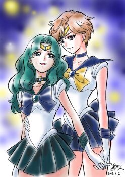 Rule 34 | 2019, 2girls, :d, aqua hair, aqua skirt, bare legs, bishoujo senshi sailor moon, blue bow, blue eyes, blue skirt, bow, choker, circlet, closed mouth, collarbone, couple, dated, earrings, female focus, gloves, hand on another's stomach, happy, highres, holding hands, interlocked fingers, jewelry, kagawa hisashi, kaiou michiru, legs, light brown hair, long hair, looking at another, looking back, magical girl, multiple girls, neck, necklace, open mouth, pleated skirt, sailor neptune, sailor uranus, school uniform, serafuku, short hair, signature, skirt, smile, standing, ten'ou haruka, white gloves, yellow bow, yuri