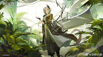 Rule 34 | arknights, fingerless gloves, gloves, highres, horns, nasti (arknights), official art, pants, plant, pointy ears, white hair, yellow eyes