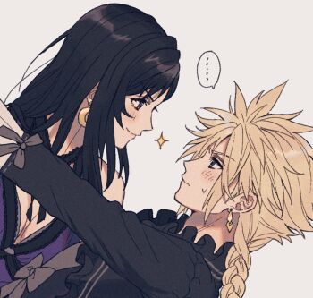 ... 1boy 1girl 234_(1234!) bare_shoulders black_dress blonde_hair blush braid breasts cleavage closed_mouth cloud_strife cloud_strife_(black_dress) commentary_request crescent crescent_earrings dancing dress earrings final_fantasy final_fantasy_vii final_fantasy_vii_remake frilled_dress frills from_side jewelry leaning_back leaning_forward long_hair looking_at_another low_twin_braids medium_breasts official_alternate_costume profile purple_dress short_hair simple_background smile sparkle spiked_hair spoken_ellipsis sweatdrop tifa_lockhart tifa_lockhart_(refined_dress) twin_braids upper_body