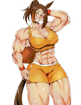 Rule 34 | 1girl, abs, absurdres, arm behind head, ball, basketball (object), biceps, breasts, brown eyes, brown hair, cleavage, commentary, english commentary, grin, highres, holding, holding ball, horse girl, huge breasts, long bangs, looking at viewer, medium hair, michelle my baby (umamusume), minew, muscular, muscular female, navel, ponytail, short shorts, shorts, simple background, single vertical stripe, smile, solo, sports bra, sportswear, standing, sweat, umamusume, umamusume: cinderella gray, white background, wristband, yellow shorts, yellow sports bra
