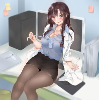1girl bababababan bad_id bad_pixiv_id blue_shirt blush breasts brown_eyes brown_hair cleavage computer computer_mouse computer_tower desk doctor hair_between_eyes highres jewelry lab_coat large_breasts long_hair looking_at_viewer miniskirt mole mole_on_breast monitor mousepad_(object) nail_polish necklace notebook on_desk open_mouth pantyhose pen pencil_skirt pink_nails shirt sitting skirt sleeves_rolled_up smile sticky_note ueno-san_wa_bukiyou untying