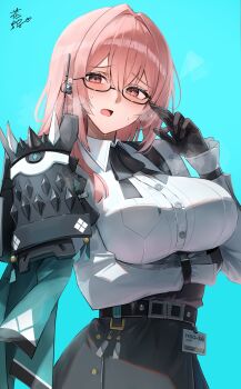 1girl absurdres adjusting_eyewear armor belt black_belt black_gloves black_skirt blue_background blush breasts earpiece glasses gloves hana_hebi high-waist_skirt highres large_breasts long_hair looking_at_viewer open_mouth parted_lips pencil_skirt pink_eyes pink_hair shirt shoulder_armor skirt solo steam steaming_body sweat tsukishiro_yanagi white_shirt zenless_zone_zero