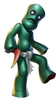 Rule 34 | artist request, boomerang, colored sclera, colored skin, demon (megami tensei), frown, green skin, holding boomerang, loincloth, mokoi (megami tensei), navel, no humans, official art, open mouth, persona, persona 5, persona 5: the phantom x, purple sclera, shin megami tensei, solo, third-party source, transparent background, white eyes, white loincloth