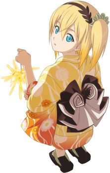 Rule 34 | 1girl, artist request, black sandals, blonde hair, blue eyes, edna (tales), floral print, floral print kimono, from behind, full body, game cg, hair ornament, hair scrunchie, hairband, highres, holding, japanese clothes, kimono, looking at viewer, medium hair, official alternate costume, official art, open mouth, orange kimono, print kimono, sandals, scrunchie, side ponytail, solo, tales of (series), tales of asteria, tales of zestiria, third-party source, transparent background, yellow kimono, yukata