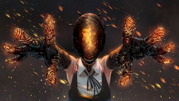 1girl apron armpits black_apron black_gloves black_ribbon bomb bomb_devil_(chainsaw_man) chainsaw_man collared_shirt commentary explosive foreshortening gloves highres light_particles neck_ribbon no_eyes object_head reaching reaching_towards_viewer ribbon shirt sleeveless sleeveless_shirt smile_(qd4nsvik) solo sparks upper_body white_shirt