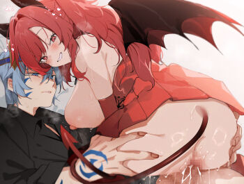 1boy 1girl arm_markings ass black_shirt blush breasts breath commission demon_girl demon_horns demon_tail demon_wings dress facial_mark fingernails grabbing_another&#039;s_ass grey_hair groping hetero horns large_breasts long_hair nipples nonoyama original penis pussy_juice red_dress red_hair sex shirt skeb_commission smile straddling sweat tail upright_straddle wings