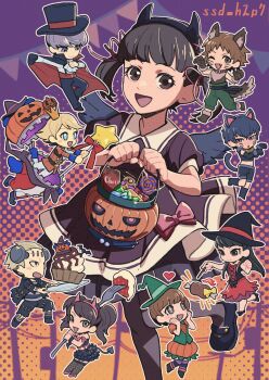 4boys 5girls :d amagi_yukiko black_shoes black_wings blunt_bangs brown_eyes brown_hair brown_pantyhose candy chibi chibi_inset chocolate chocolate_bar commentary_request doujima_nanako dress everyone fake_horns food foot_out_of_frame gradient_background hairband halloween halloween_costume hanamura_yousuke highres holding holding_pumpkin horn_hairband horns jack-o&#039;-lantern kujikawa_rise kuma_(persona_4) layered_dress lollipop looking_at_viewer mary_janes multiple_boys multiple_girls narukami_yu open_mouth orange_background pantyhose persona persona_4 pumpkin purple_background purple_dress satonaka_chie shirogane_naoto shoes short_sleeves short_twintails smile ssd_h2p7 standing swirl_lollipop tatsumi_kanji twintails twitter_username two-tone_background wings