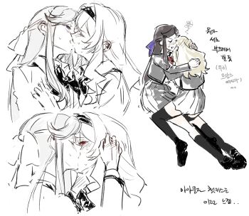 2girls 9urodine absurdres black_shoes black_socks black_thighhighs blush bow bowtie brown_hair closed_eyes cropped_torso face-to-face facing_another facing_away french_kiss full_body grey_jacket grey_skirt hair_blush hair_bow hairband half-closed_eyes half_updo hand_in_another&#039;s_hair hand_on_another&#039;s_head heads_together highres hug invisible_chair jacket kiss kneehighs korean_text loafers long_hair miniskirt multiple_girls multiple_views nose_blush open_clothes open_jacket parted_bangs partially_colored pleated_skirt profile purple_bow purple_eyes red_bow red_bowtie red_eyes saijou_claudine school_uniform seishou_music_academy_uniform shoes shoujo_kageki_revue_starlight sidelocks simple_background sitting sitting_on_person sketch skirt socks squiggle sweat tendou_maya thighhighs translation_request upper_body white_background