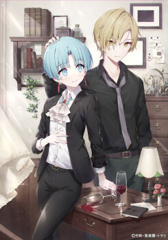 1boy 1girl alcohol belt belt_buckle black_belt black_jacket black_pants black_shirt blue_eyes blue_hair book bookshelf brown_belt brown_eyes brown_hair buckle character_request closed_mouth collared_shirt commentary_request cup curtains desk_lamp dress_shirt drinking_glass earrings flower gabiran grey_necktie grey_pants hand_on_another&#039;s_head indoors jacket jewelry lamp necktie open_clothes open_jacket pants pink_flower pink_rose rose shirt short_hair smile spy_kyoushitsu white_shirt wine wine_glass