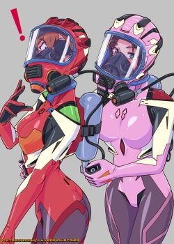 2girls asphyxiation ass blue_eyes blush bodysuit breasts brown_hair commander_rab(layer_industries) covered_navel evangelion:_3.0_you_can_(not)_redo eyepatch full-face_blush gas_mask grey_background hand_on_own_hip highres hose looking_at_viewer makinami_mari_illustrious mask mecha_pilot_suit medium_breasts multiple_girls neon_genesis_evangelion orange_hair oxygen_tank patreon_username pink_bodysuit plugsuit_(evangelion) rebuild_of_evangelion red_bodysuit scuba scuba_gear scuba_tank skin_tight small_breasts souryuu_asuka_langley surprised valve