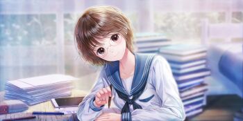 1girl bed blue_reflection_(series) blue_reflection_sun blue_sailor_collar blurry blurry_background blush book book_stack brown_eyes brown_hair closed_mouth day elbow_on_table game_cg glasses head_tilt highres holding holding_pen indoors kishida_mel long_sleeves looking_at_viewer non-web_source official_art paper_stack pen round_eyewear sailor_collar school_uniform serafuku short_hair smile solo table tablet_pc takaoka_yukiko window wooden_floor